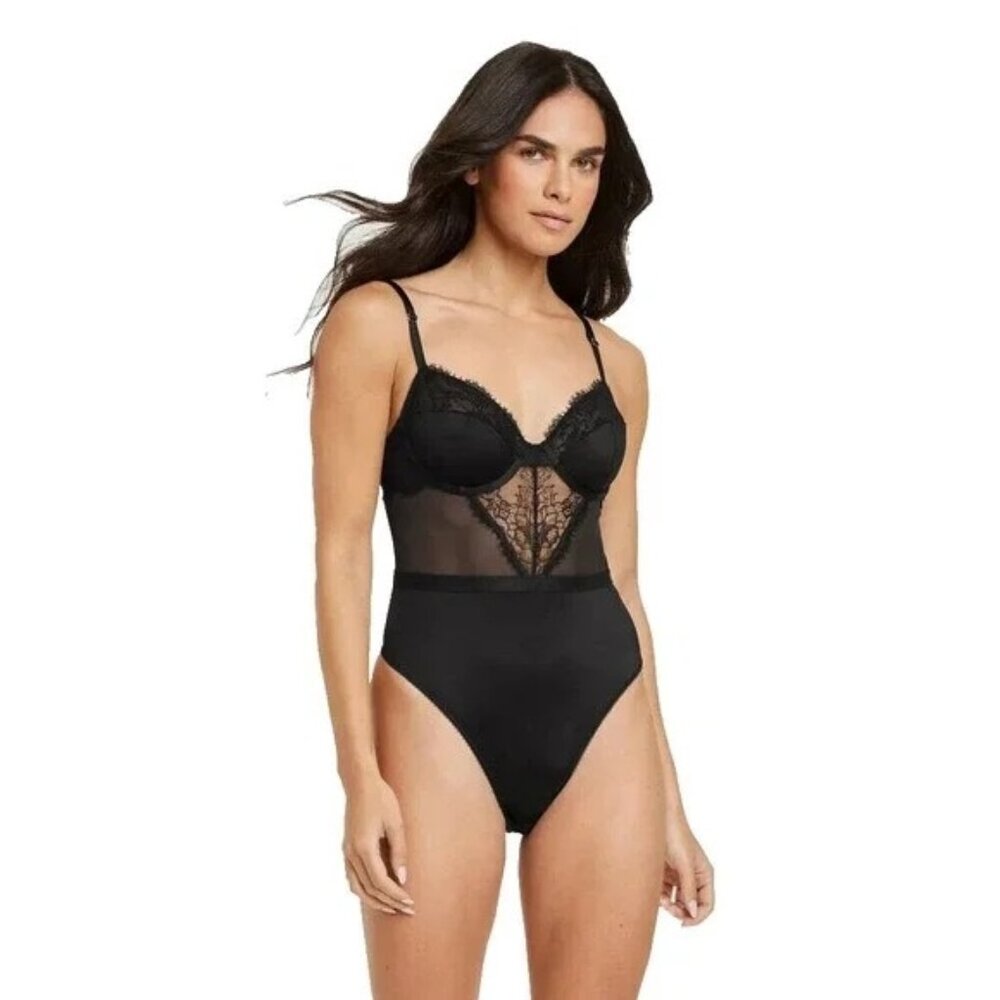 Auden Black Lace Strappy Teddy Bodysuit Lingerie Unlined Underwire‎ Cups - Small